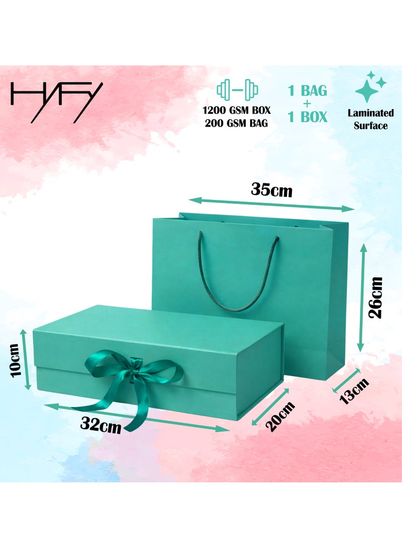 هاي فاي صندوق هدايا فاخر باللون الأزرق (تيل) مع حقيبة هدايا - مقاس ٣٢×٢٠×١٠ سم. علبة هدايا كبيرة مغلفة، إغلاق مغناطيسي مع شريط وغطاء قابل للطي. مثالية لتغليف هدايا حفلات الزفاف وأعياد الميلاد. - Image 3